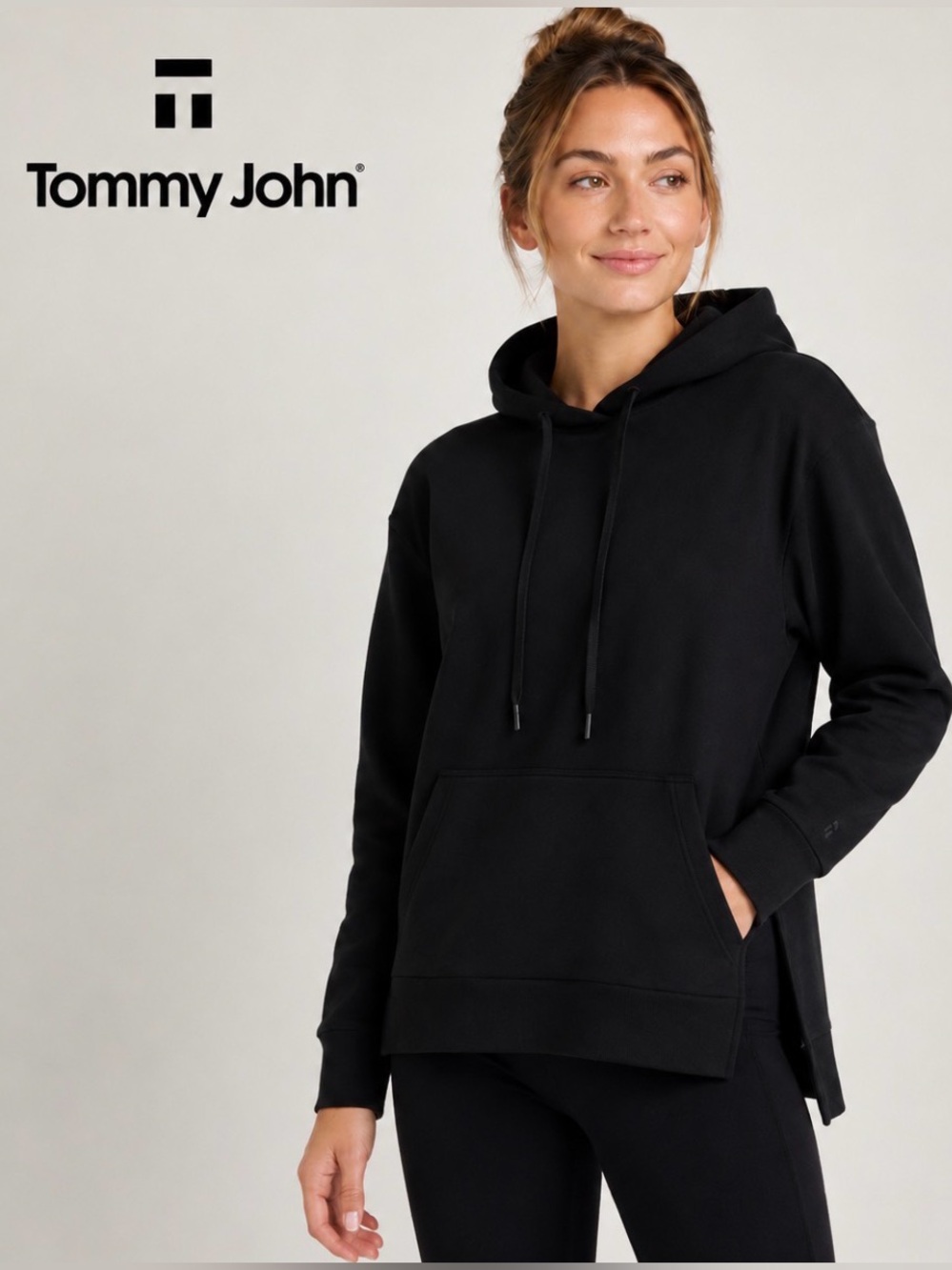 Tommy John Go Anywhere Hoodie Small Black Kangaroo Pocket Split Hem Pullover